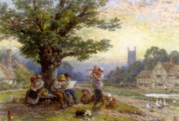  bajo Arte - Fugures y niños debajo de un árbol en un pueblo victoriano Myles Birket Foster